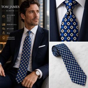 Tom James All Silk Tie Royal Blue Geometric Medallion USA 58 x 3.75